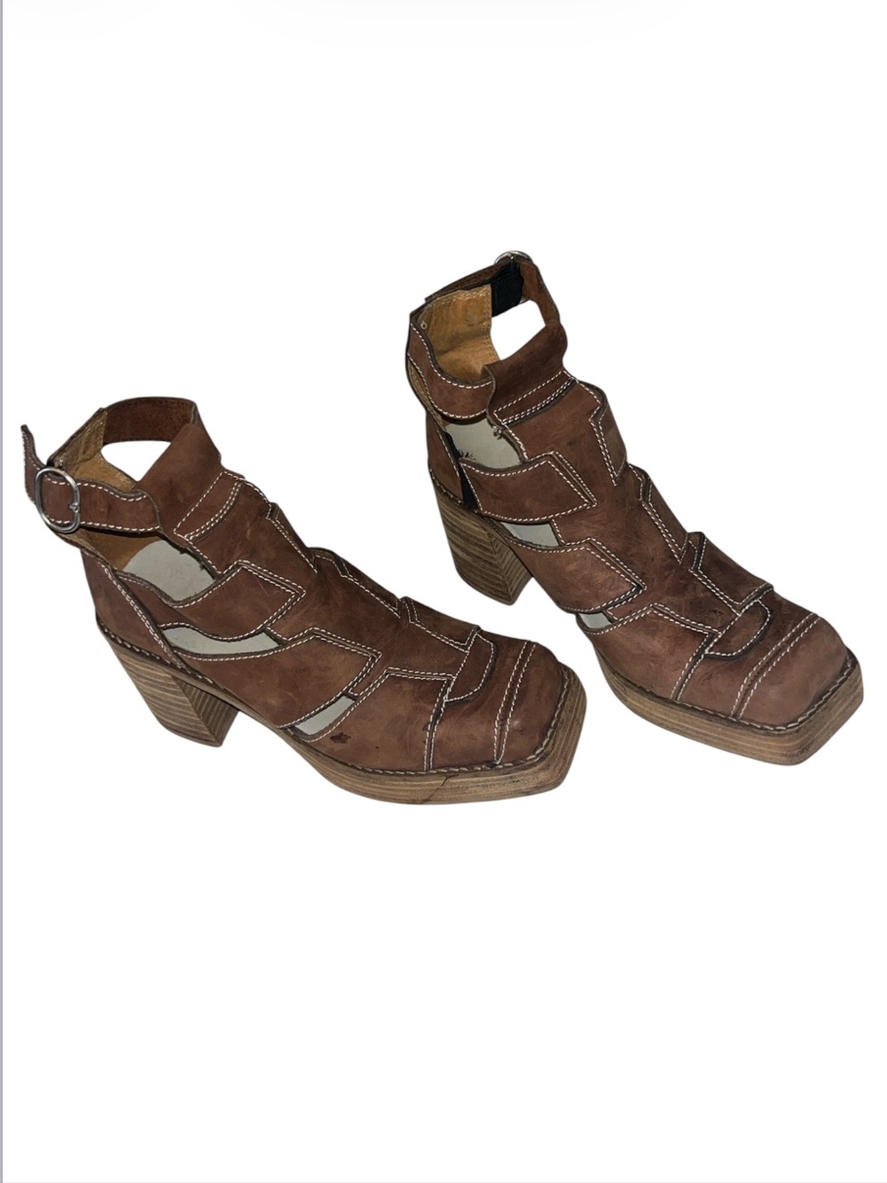 Brown Leather Womens Block Heel Platform Square Toe Y2K Ankle Strap Cage Boots 8